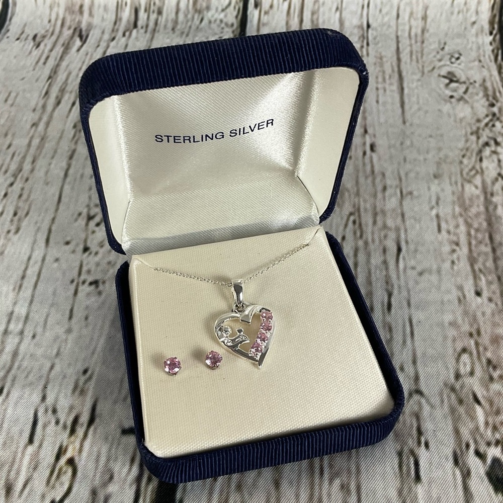 Sterling Silver Mother & Child Heart Necklace And Matching Earrings Gift Set New